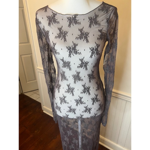 Free People Floral Lace Sheer Maxi Dress Long Sleeve Grey Boat Neck New size XS - Picture 6 of 11